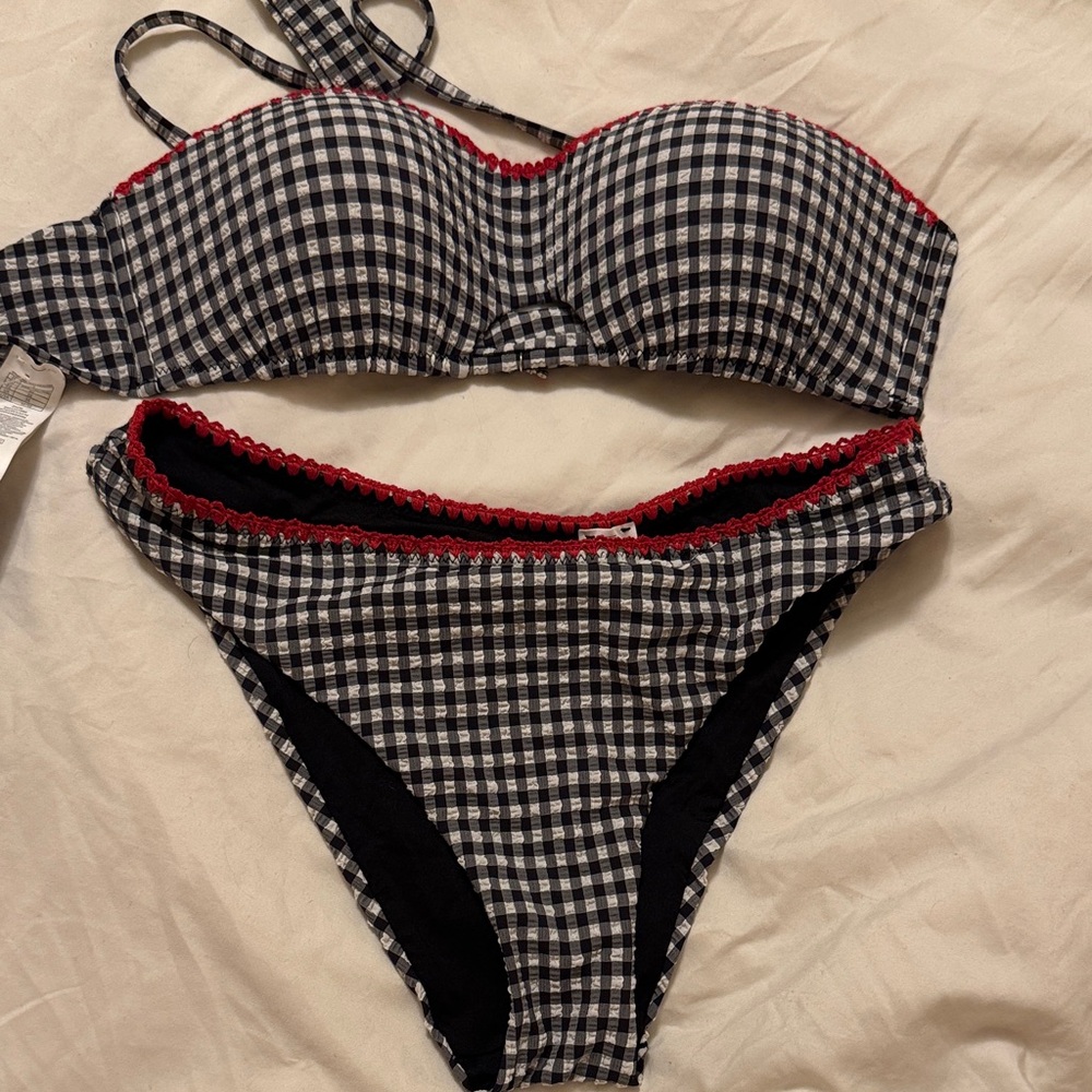 Stylish Black and White Gingham Bikini with Red Accents NWT